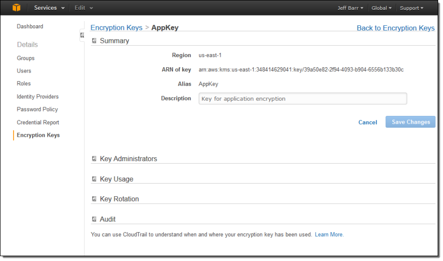 screenshot of AWS Key Management Service (KMS)